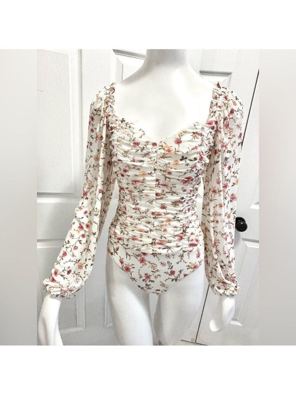 Lulus Floral Mesh Floral Print Puff Sleeve Bodysuit Ruched Lined Body Size Small